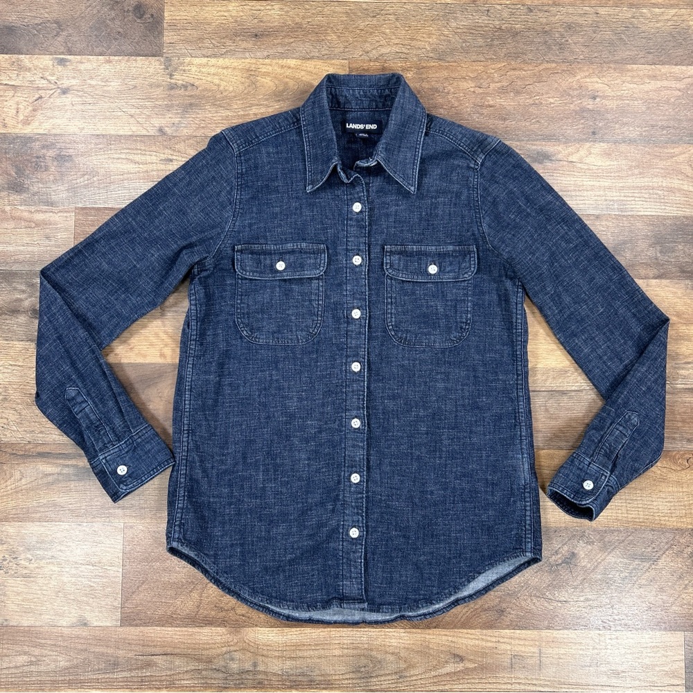 Lands End Womens Shirt XS Blue Chambray Button Up Collared Long Sleeve Top